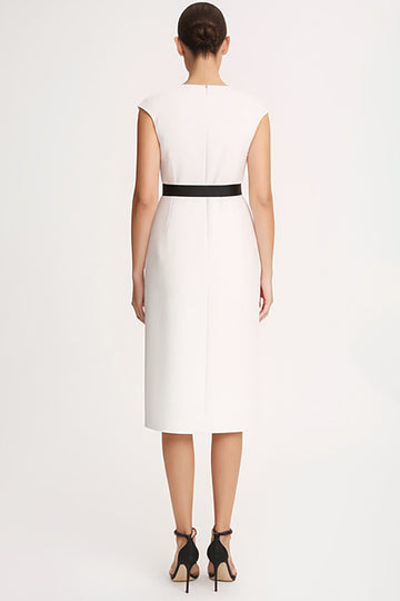 Ivory V-Neck Cap Sleeves Midi Bodycon Work Dress with Belt
